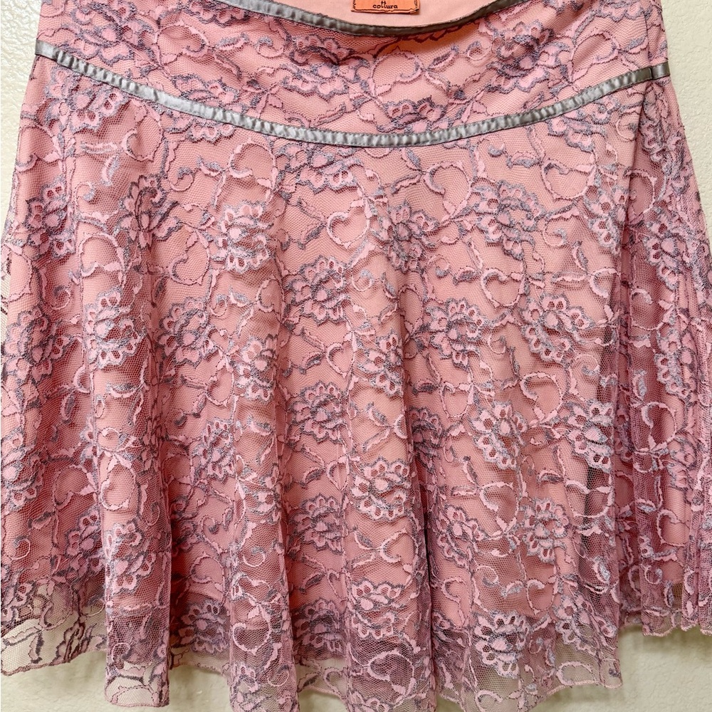 Cottura Pink lace AOP with lavender ribbon Embellished full mini layered Skirt
